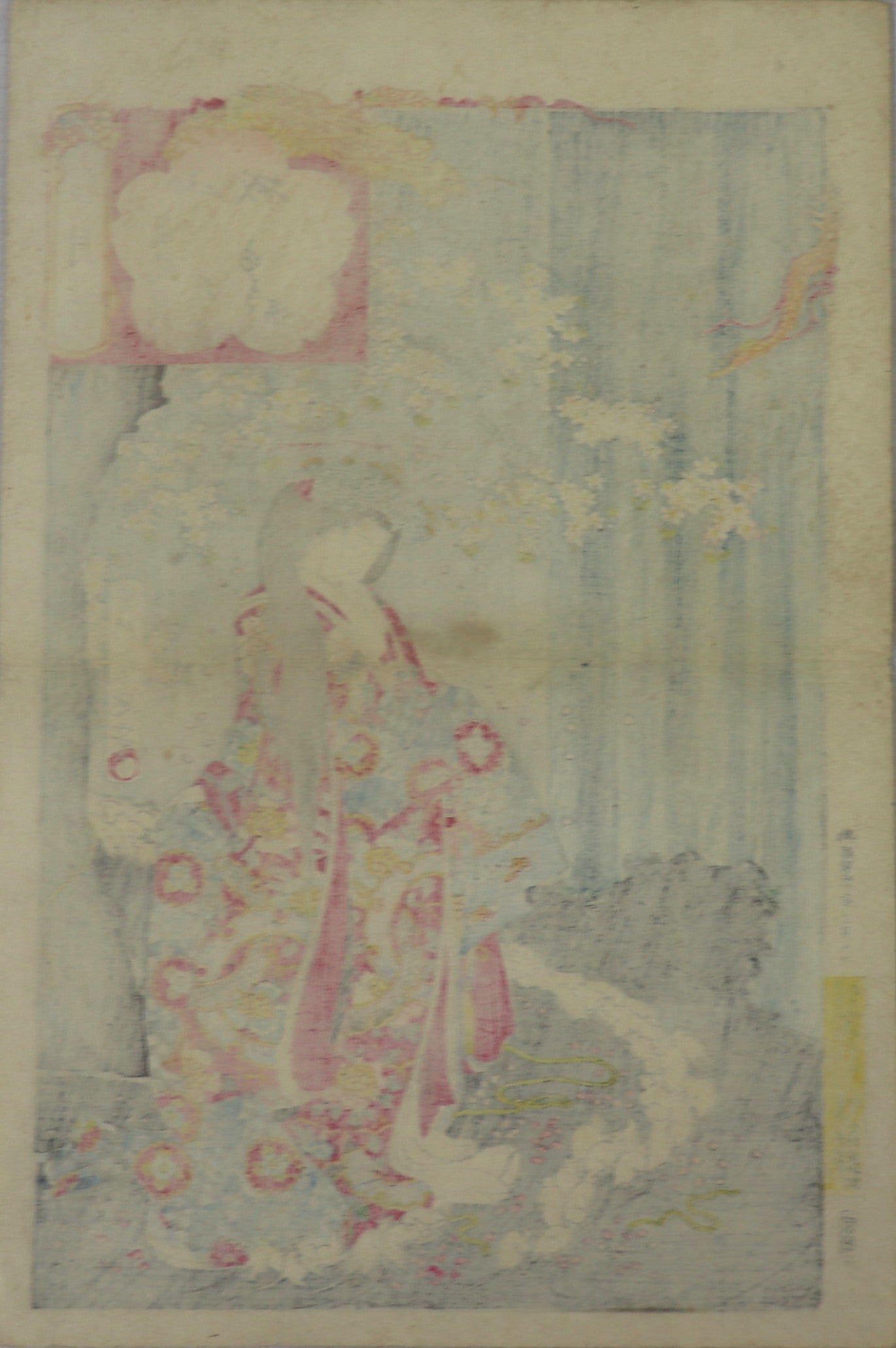 Flowers at Kinkaku-ji in Yamashiro Province from the series " Snow,Moon, Flower " by Chikanobu / Fleurs au Kinkaku-ji dans la province de Yamashiro de la série " Neige, Lune, Fleur "par Chikanobu (1884)