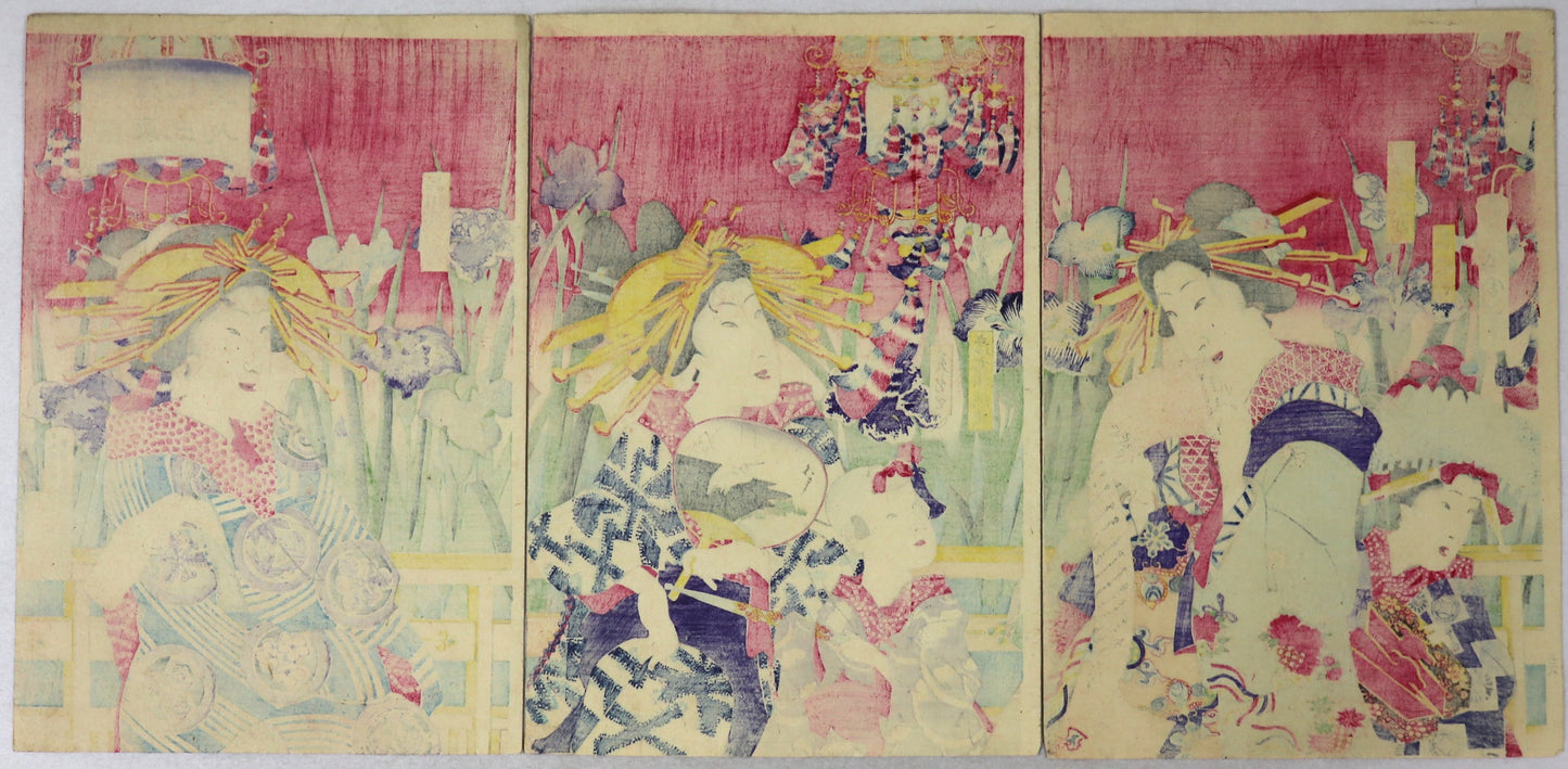 Three beauties contemplating an Iris garden by Kunichika / Trois beautés contemplant un jardin d'Iris par Kunichika (1888)