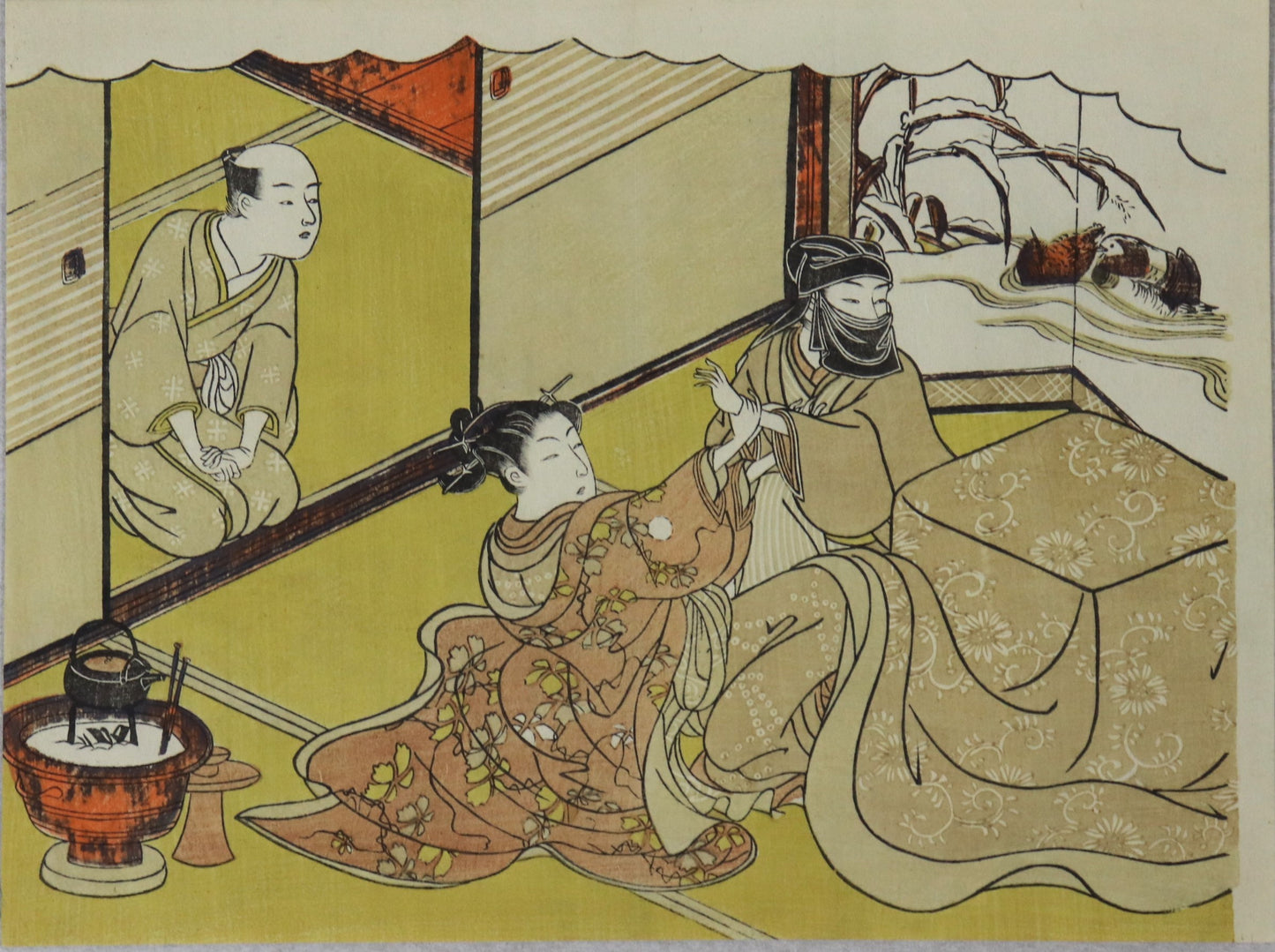 Woman under Kotatsu and Masked man from the series "Enshoku Koi no Urakata " by Harunobu / Femme sous Kotatsu et homme masqué de la série "Enshoku Koi no Urakata " par Harunobu (1766-1770)