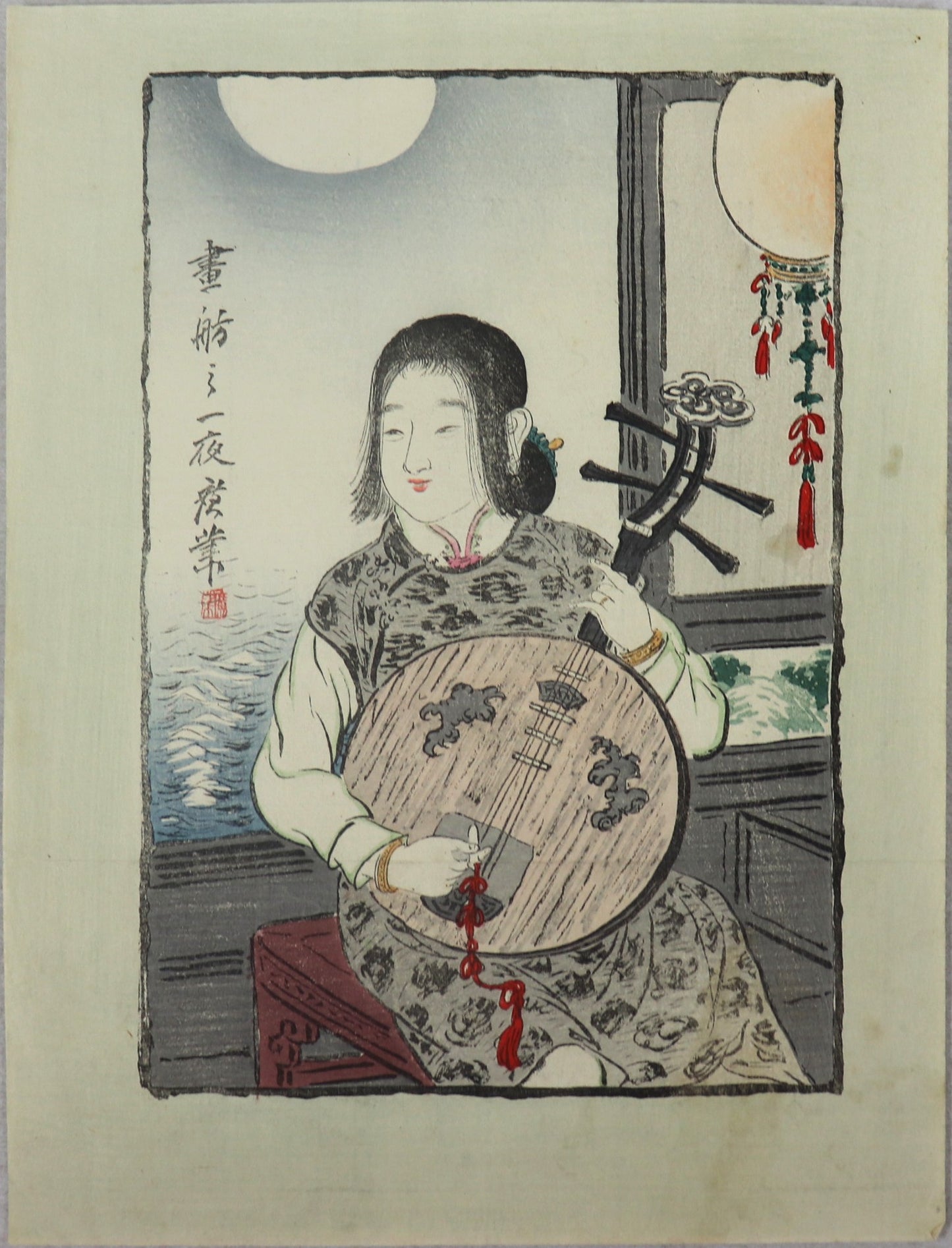 Chinese girl playing Biwa under the moon by Kogyo (1911)