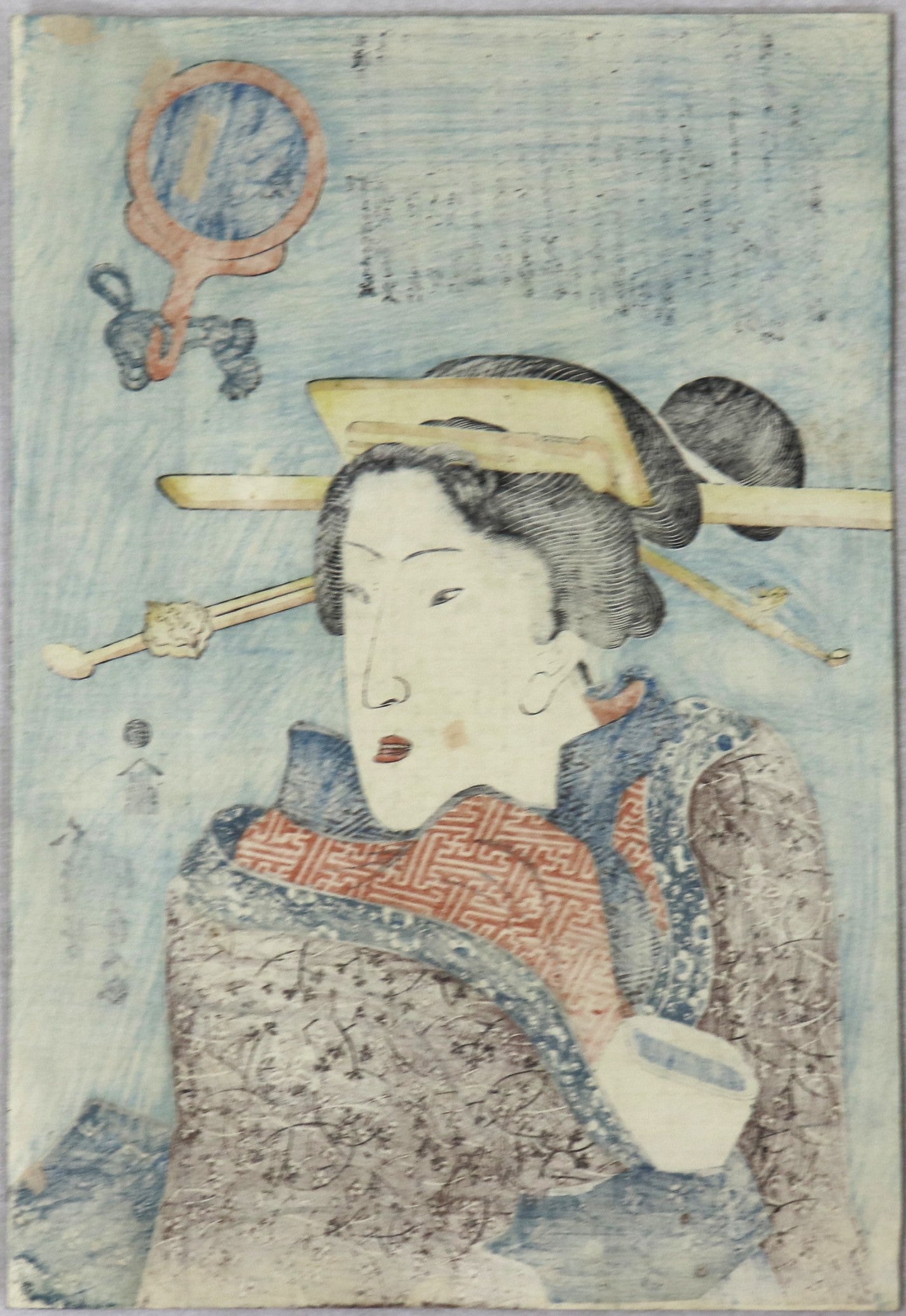 Beauty with hand inside kimono from the series " Types of the floating world seen throught a physignomist glass by Kuniyoshi " (1830)