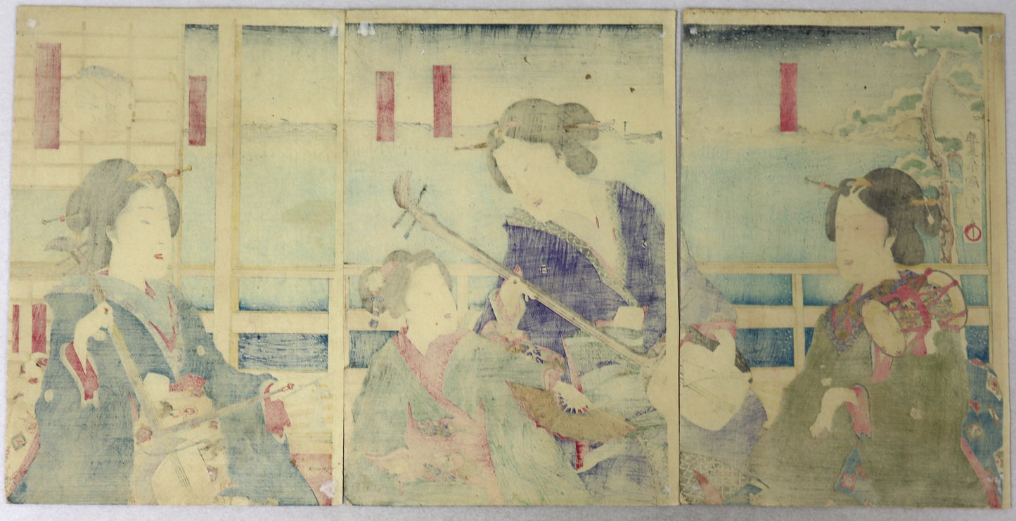Snowy day at Ryogokubashi's bridge from the series " Snow,Moon,Flowers"by Kunichika / Jour neigeux sur le pont de Ryogoku de la série "Neige, Lune, Fleurs" par Kunichika