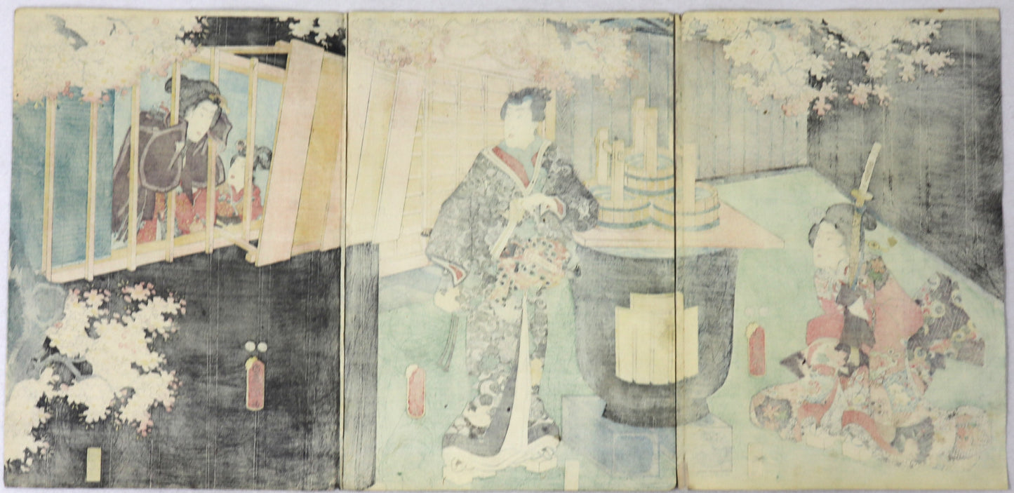 Prince Genji viewing Cherry blossoms at Shin Yoshiwara by Toyokuni III / Prince Genji regardant les cerisiers en fleurs à Shin-Yoshiwara (1848)