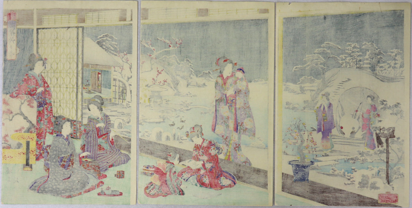 Enjoying in Snow garden from the series "Snow, Moon,Flowers" by Nobukazu / Amusement dans le jardin enneigé de la série " Neige, Lune, Fleurs " par Nobukazu ( 1890)