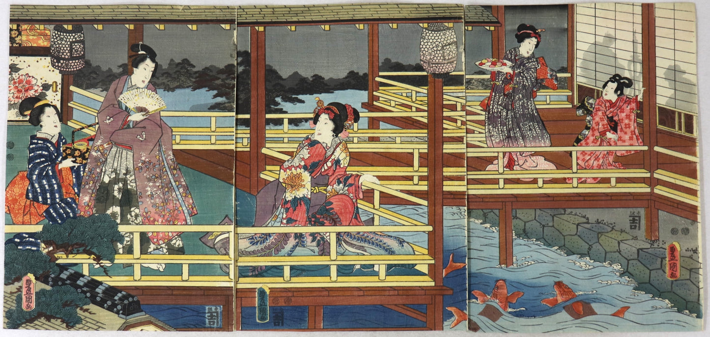 Night scene on balcony overlooking a pond with carp by Toyokuni III/ Scène nocturne sur un balcon surplomblant un étang avec des carpes par Toyokuni III (1847-1852)