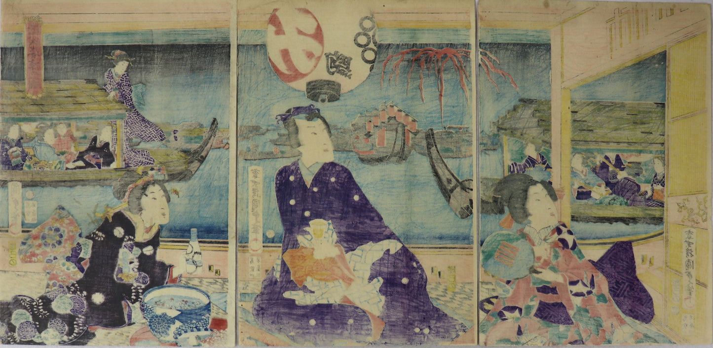 Prince Genji enjoying the evening cool by Kunisada II / Prince Genji profitant de la fraicheur du soir par Kunisada II