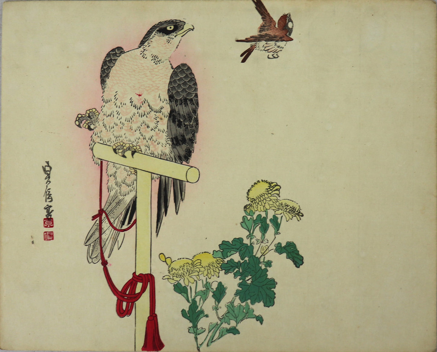 Falcon on perch, sparrow and Narcissus by Sadanobu II / Faucon sur un poteau , moineau et Narcisse par Sadanobu II