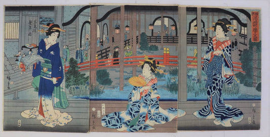 Building at Miyozaki-chô, Yokohama : The Prosperous Gankiro Tea-house by Hiroshige II /Bâtiment à Miyozaki-chô à Yokohama : la prospère maison de thé Gankiro par Hiroshige II ( 1860)