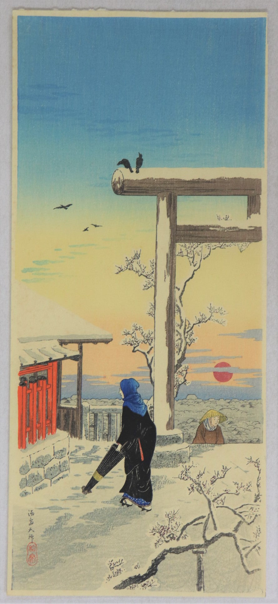 Sunset at Yushima Tenjin shrine in snow by Takahashi Hiroaki / Le coucher du soleil au sanctuaire Tenjin à Yushima sous la neige par Takahashi Hiroaki (1920's)