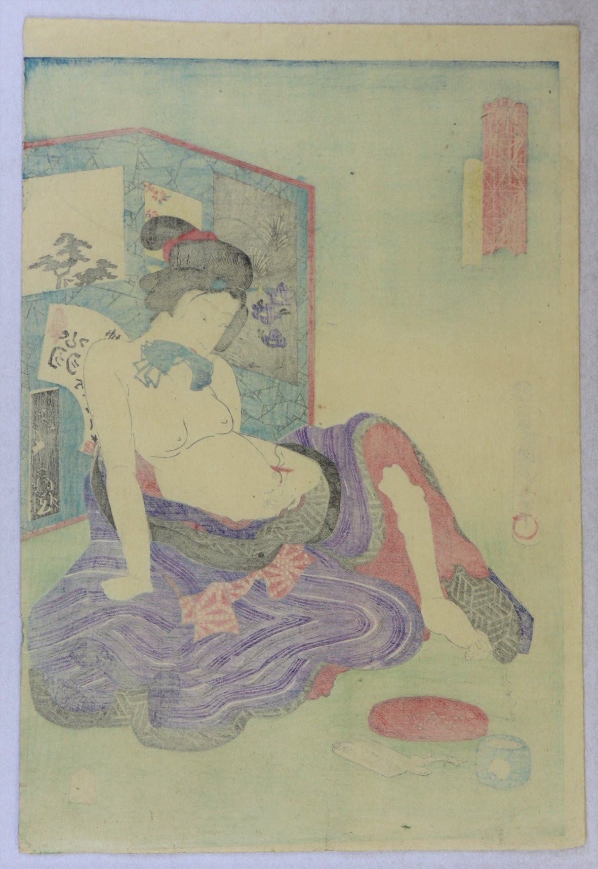 Pregnant Woman applying Moxibustion from the series " A Collection of Tokyo Beauties by Kunisada II / Femme Enceinte pratiquant la Moxibustion par Kunisada II (1868)