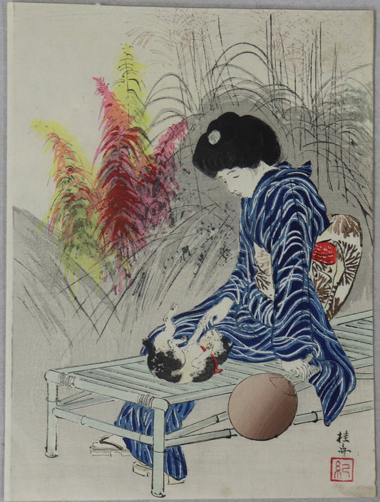 Beauty playing with a Kitten by Takeuchi Keishu (1912)
