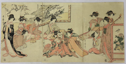 Ladies performing the puppet play of Kagamiyama by Utamaro / Représentation de la pièce de bunraku " Kagamiyama " par Utamaro ( 1780-1790's)