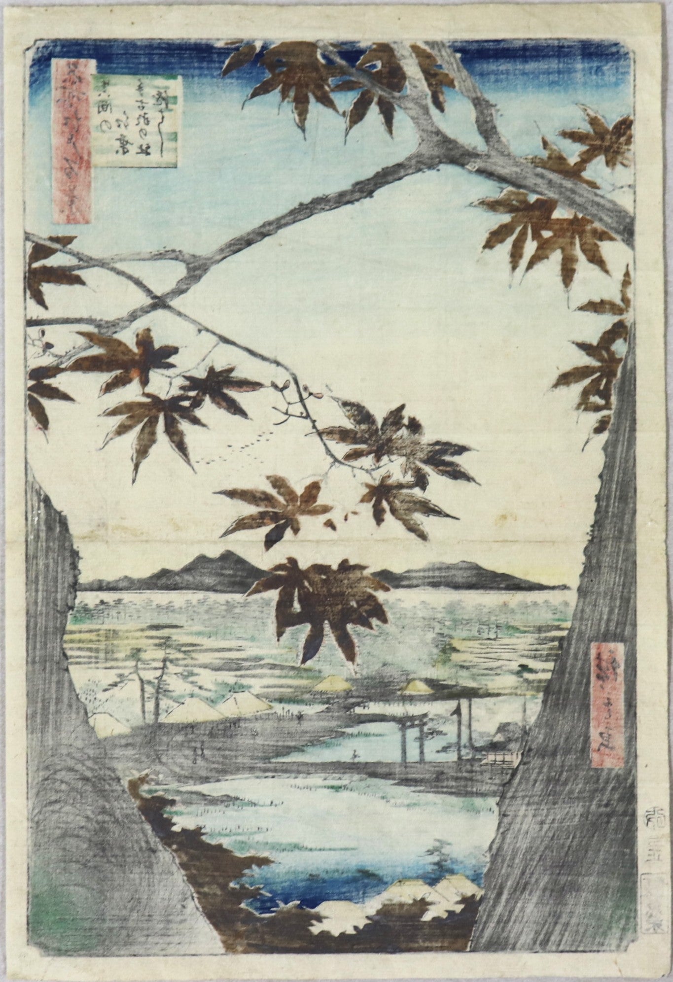 The Red Maples of Mama at Tekona shrine from the series " 100 Famous Views of Edo "by Hiroshige / Les érables rouges de Mama au sanctuaire Tekona de la série " Cent célèbres vues d'Edo" par Hiroshige (1858)