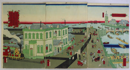 Steam Train at Yokohama Station by Utagawa Kunitsuna / Train à la gare de Yokohama par Kunitsuna ( 1874