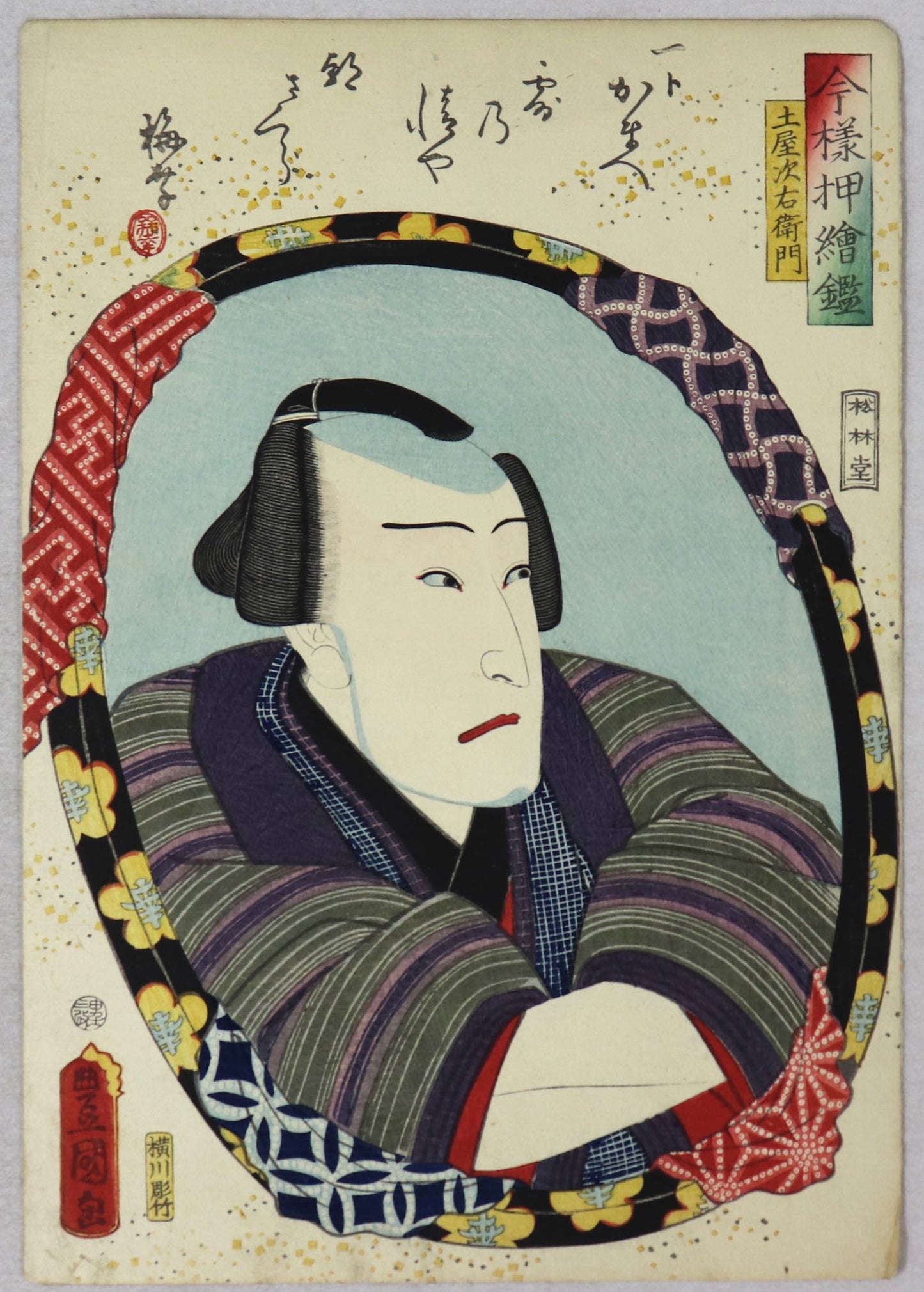 Onoe Baiko IV as Tsuchiya Jiemon from the series " Mirrors for collage pictures in the modern style " by Toyokuni III / Onoe Baiko IV dans le rôle de Tsuchiya Jiemon par Toyokuni III (1860)