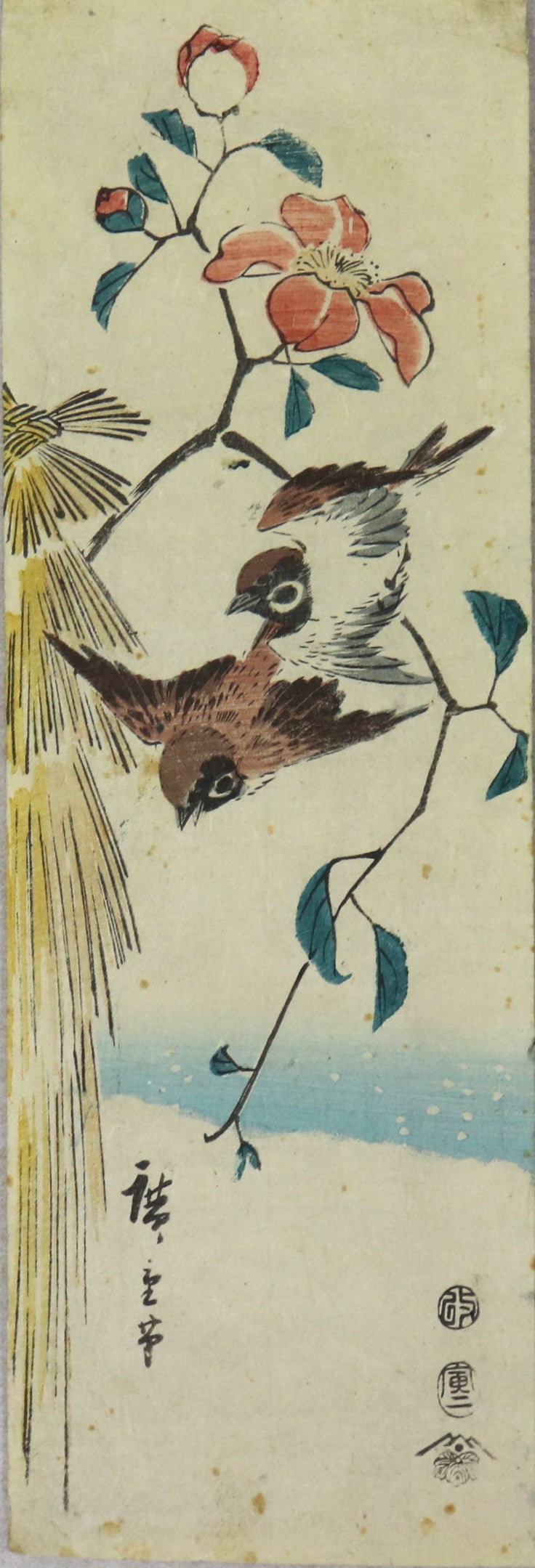 Sparrows and Camellias in snow by Hiroshige / Moineaux et Camélias sous la neige par Hiroshige (1854)