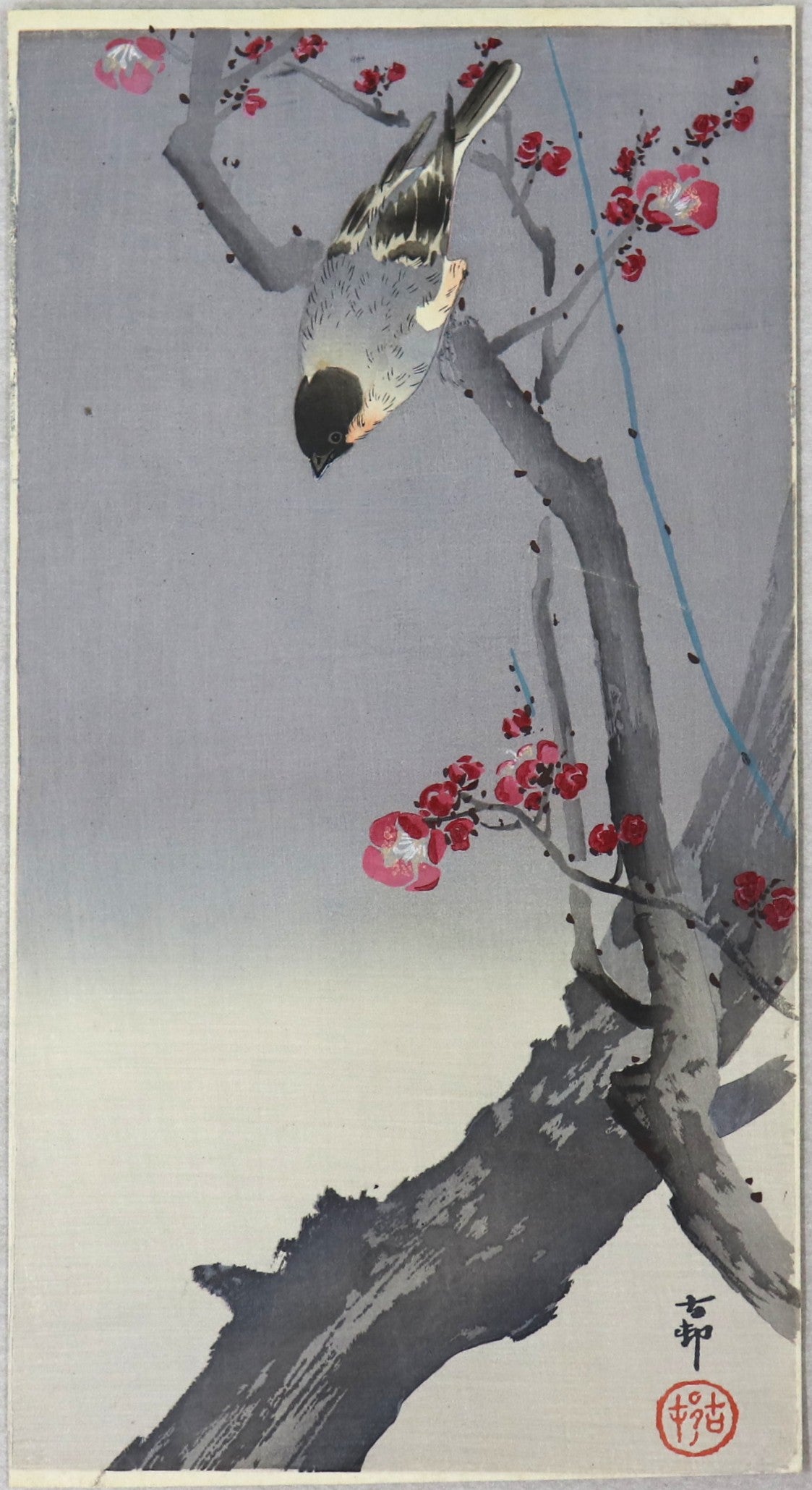 Bullfinch on a branch of a blossoming plum tree by Ohara Koson / Bouvreuil sur une branche de prunier en fleur par Koson (1930's)