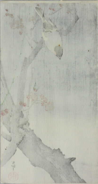 Bullfinch on a branch of a blossoming plum tree by Ohara Koson / Bouvreuil sur une branche de prunier en fleur par Koson (1930's)