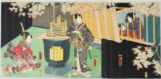 Prince Genji viewing Cherry blossoms at Shin Yoshiwara by Toyokuni III / Prince Genji regardant les cerisiers en fleurs à Shin-Yoshiwara (1848)
