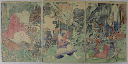 Ushiwakamaru learns the Martial Art from Sojobo, king of Tengu by Yoshitoshi / Ushiwakamaru apprend les arts martiaux grâce à Sojobo, roi des Tengu par Yoshitoshi (1865)