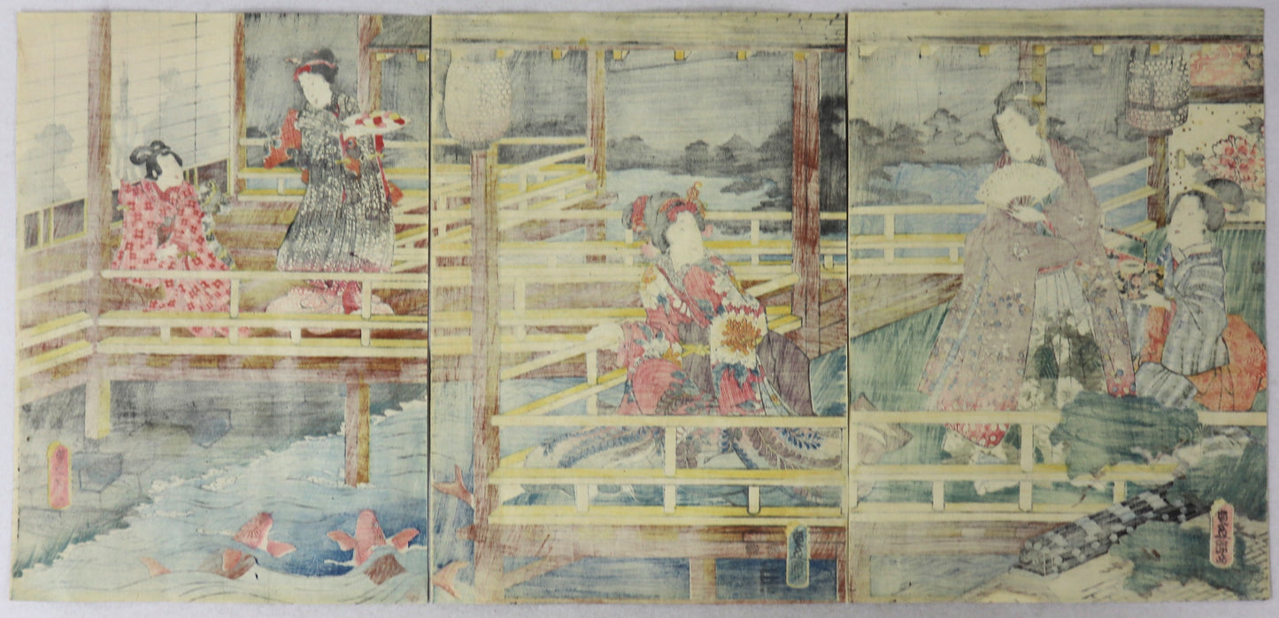 Night scene on balcony overlooking a pond with carp by Toyokuni III/ Scène nocturne sur un balcon surplomblant un étang avec des carpes par Toyokuni III  (1847-1852)