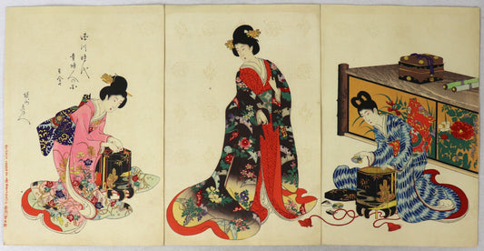 Playing shell's game from the series " Ladies of the Tokugawa Period " by Chikanobu / Jouer au jeu des coquillages de la série " Nobles Dames de la période Tokugawa " par Chikanobu (1897) T