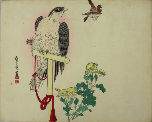 Falcon on perch, sparrow and Narcissus by Sadanobu II / Faucon sur un poteau , moineau et Narcisse par Sadanobu II