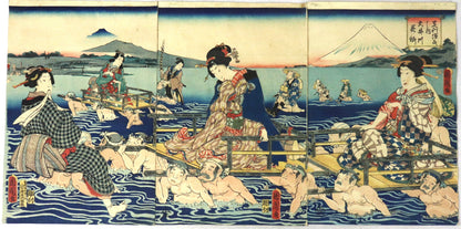 Prince Genji and Beauties crossing the Ôi river by Kunichika / Prince Genji et beautés traversant la rivière Ôi par Hiroshige (1862)