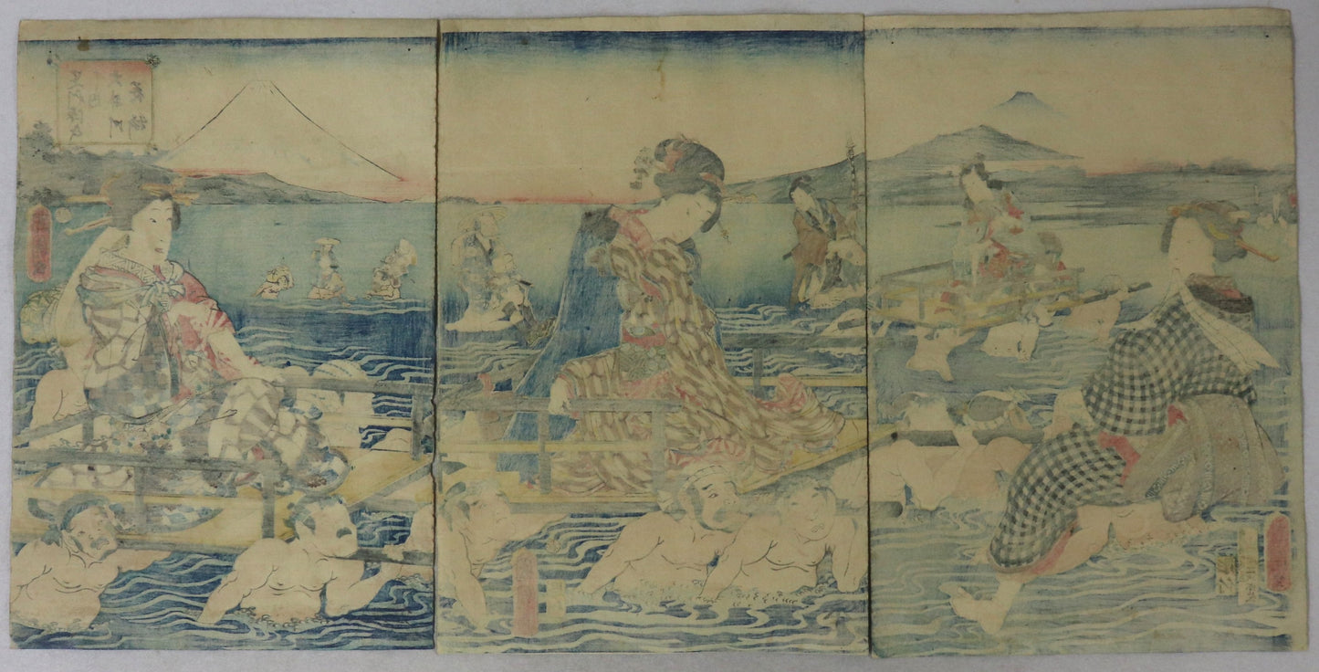 Prince Genji and Beauties crossing the Ôi river by Kunichika / Prince Genji et beautés traversant la rivière Ôi par Hiroshige (1862)