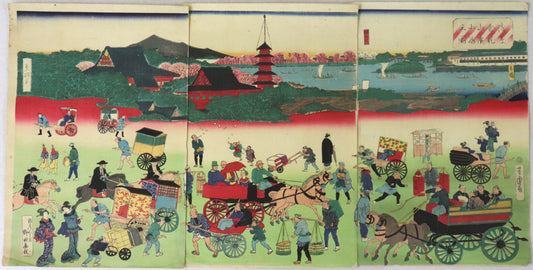 View of of broad street and Kinryuzan temple by Yoshitora and Rissho / Vue de la Large rue et du Temple Kinryuzan par Yoshitora et Rissho (1871)