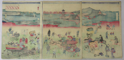 View of of broad street and Kinryuzan temple by Yoshitora and Rissho / Vue de la Large rue et du Temple Kinryuzan par Yoshitora et Rissho (1871)