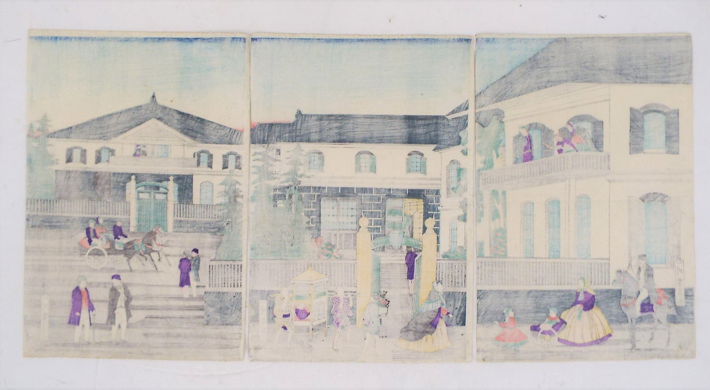 Scene in front of gate of foreign merchant's residence by Yoshikazu /Scène devant l'entrée d'une résidence de marchand étranger par Yoshikazu (1868)